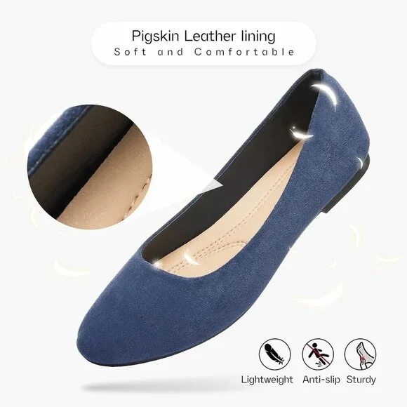 Women's Navy Round Toe Flat Dressy Ballet Flats Comfortable Dress Shoes - Picture 6 of 9